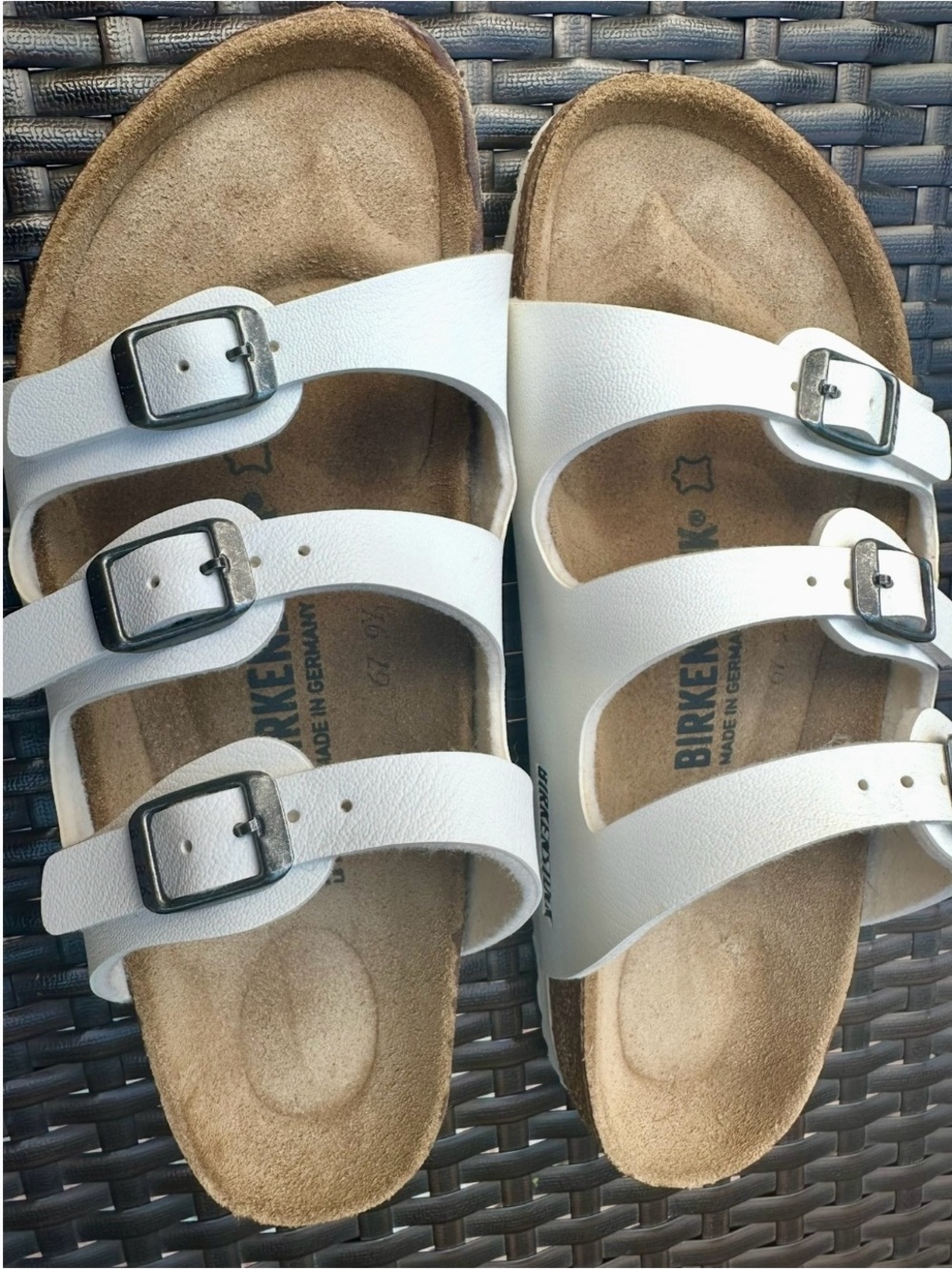 Birkenstock White Triple-Strap Sandals with Silver Buckles